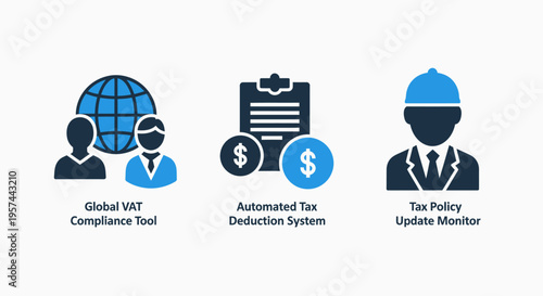 Global vat compliance, automated tax deduction, and policy update icons for international finance, business management, and regulatory solutions