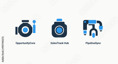 Opportunity core, sales track hub, and pipeline sync icons for business development, crm, and revenue growth strategies