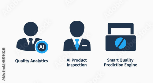 Quality analytics, AI product inspection, and smart quality prediction engine icons for manufacturing, data science, and intelligent automation