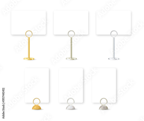 Metal card holder stand with clip for memo display on table. Blank sign template for business info, restaurant menu, or office desk presentation. Vector