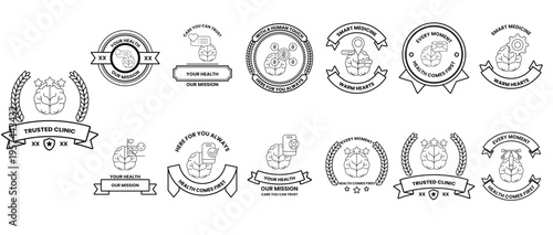 Black ink illustrations feature health-related icons