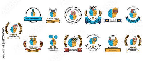 Black ink illustrations feature health-related icons