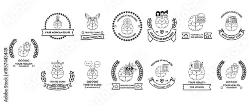 Black ink illustrations feature health-related icons