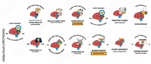 Red heart with brain icon, smiling face, cheerful design