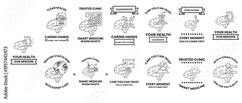 Black ink illustrations feature health-related icons