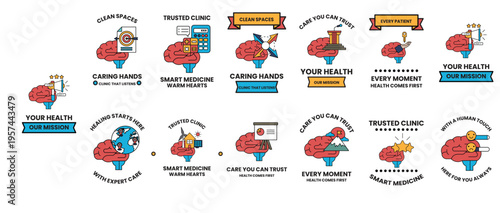 Red heart icons with medical tools and text banners