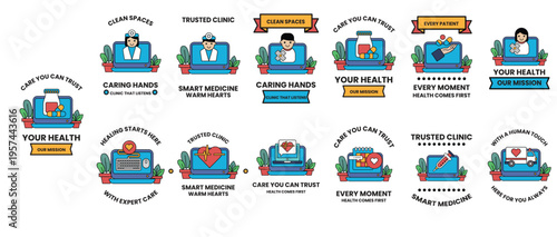 Flat vector icons depict health care themes