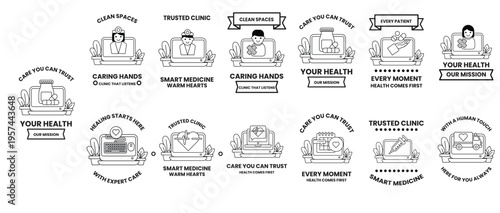 Clean minimal vector icons show health, care, and trust themes