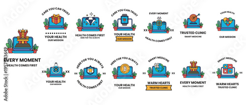 Blue and green icons show health care themes