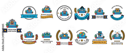 Blue and gold emblems feature schoolhouses and books