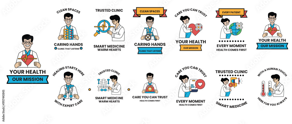 Fototapeta premium Healthcare professionals promote wellness with cheerful icons