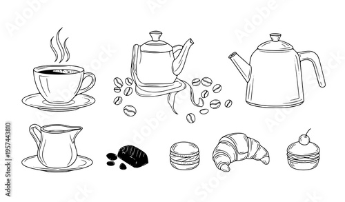 Coffee and tea line design vector banner with hot cup, milk pitcher, beans, croissant, dessert isolated on white