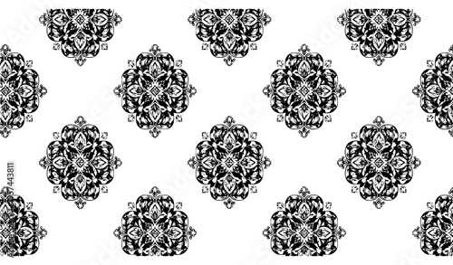 Minimal seamless ogee damask floral medallion repeat vector pattern isolated on white background