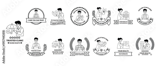Monochrome icons show doctors at work