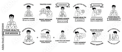 Simple black-and-white icons depict health and wellness themes