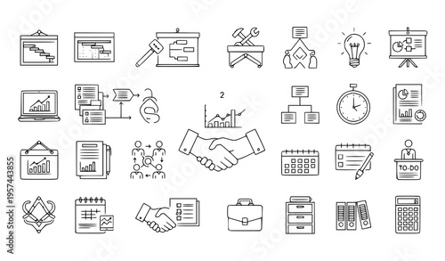 Editable stroke business administration and operations outline vector icon collection isolated on white background