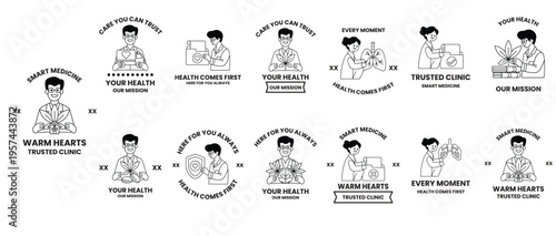 Monochrome illustrations show smiling figures with health-focused messages