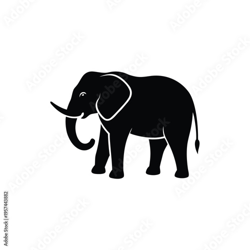 Full body elephant silhouette walking gracefully its trunk curled black isolated