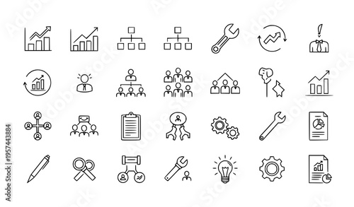 Minimal operation management and business administration outline icon set editable stroke flat vector isolated on white