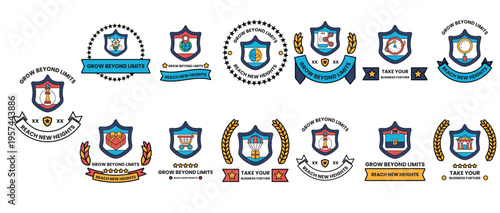 Collection of vibrant, stylized emblems with shields, crests, and banners