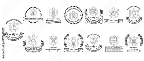 Monochrome emblems display classic crest designs