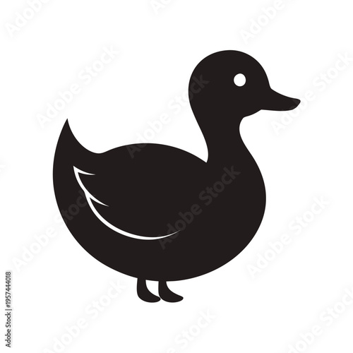 Black silhouette of a cute baby duck swimming in water, isolated on white background