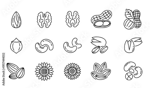 Nuts and seeds editable stroke outline icon set flat vector illustration isolated on white background