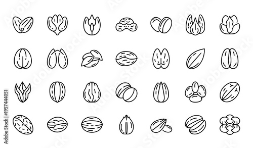 Editable stroke nuts and seeds outline vector icon collection isolated on white for food and nutrition design