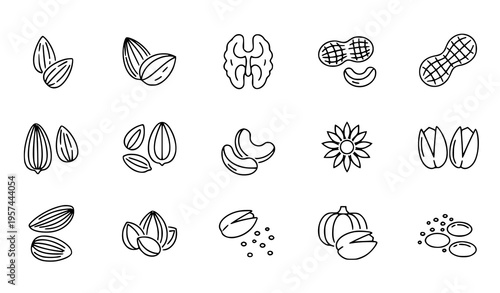 Minimal nuts and seeds outline icon set with editable stroke flat vector illustration isolated on white