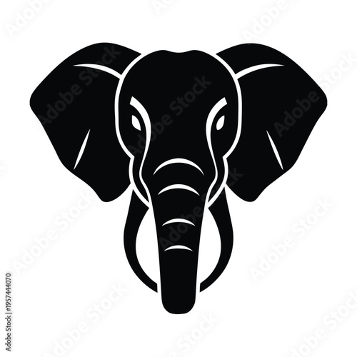 Black silhouette of a majestic elephant head, front view, isolated on white background