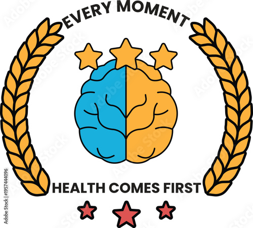 Brain centers surrounded by stars and laurel wreath