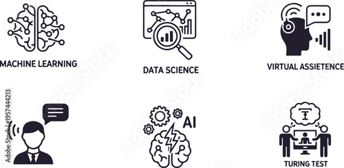 Flat design icons of AI and technology concepts including machine learning, data science, and virtual assistance