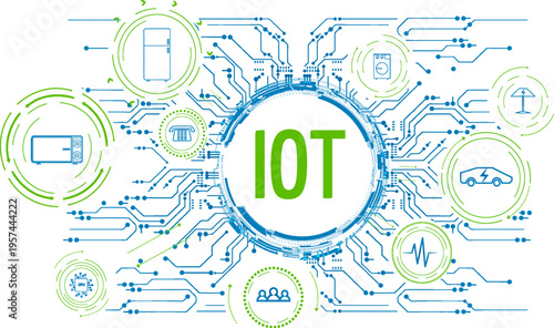 Internet of Things concept. Vector illustration showing interconnected smart devices like cars, appliances, and phones on a blue and green circuit board. Technology, automation, and network concept.