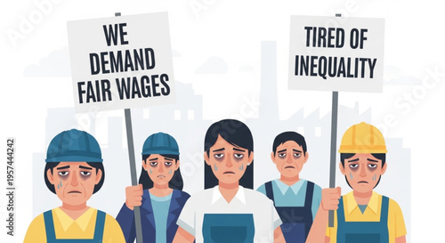 Workers Protest Illustration with Fair Wages Now Sign and Stop Exploitation Message Labor Rights Vector Concept