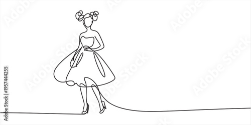 Elegant woman in dress standing alone minimalist line art