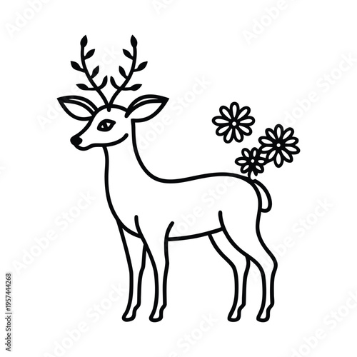 Stylized line art drawing of a deer with antlers and flowers on its back