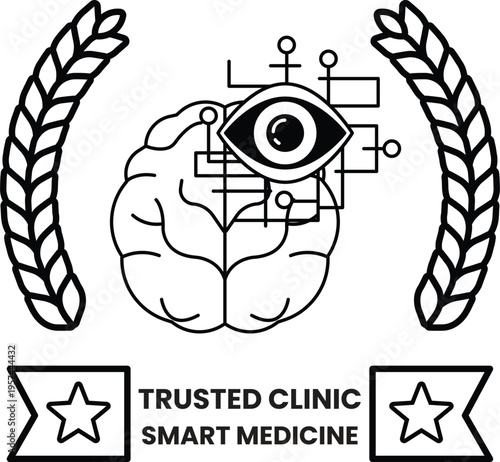Brain with eye and circuitry, framed by wheat