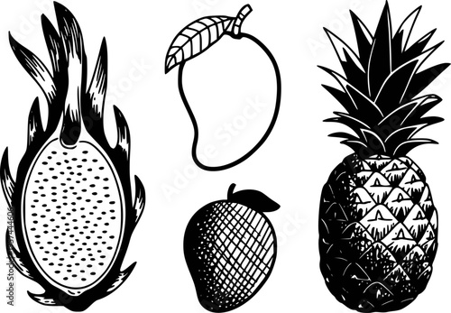Black and white of dragon fruit mango and pineapple fruits white background tropical