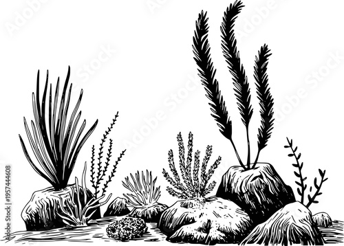 Black and white of diverse underwater plants and rocks a white background nature