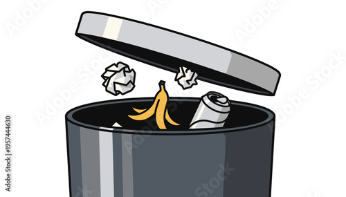 Vector illustration of a trash can with banana peels and crumpled papers
