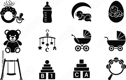 Collection Of Black Baby Icons Including Sleeping Newborn Feeding Bottle Teddy Bear Stroller And Educational Blocks For Nursery Design Parenthood And Infant Care Vector