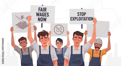 Labor Union Demonstration Scene with Industrial Workers Holding Protest Signs for Fair Pay Social Justice Vector Art