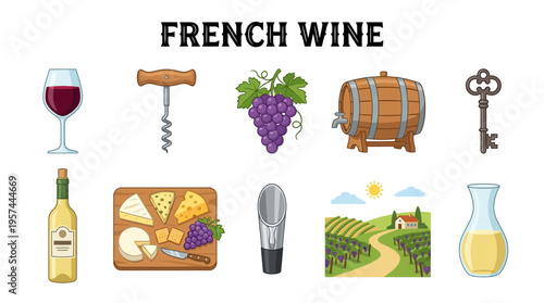 French wine icons including a glass corkscrew grapes barrel key bottle cheese board aerator vineyard and carafe