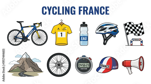 An illustration of ten cyclingrelated items against a white background