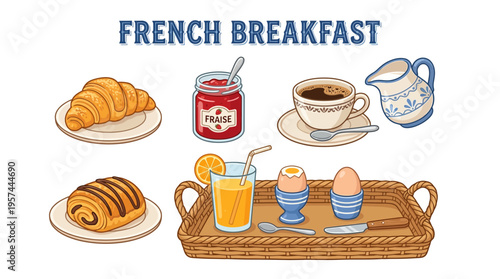 Illustration of various items constituting a French breakfast spread on a white background