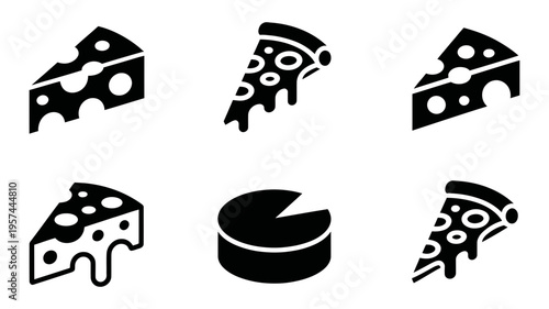 A diverse assortment of six black glyph icons depicting different styles of cheese and pizza.