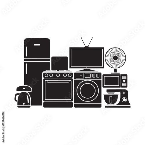 Black and white illustration of various household appliances grouped together