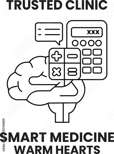 Brain holds calculator, symbolizing smart medicine
