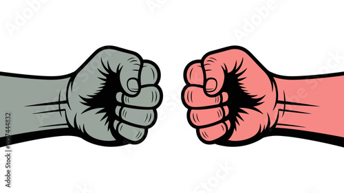 Two contrasting clenched fists, one gray and one red, facing each other.
