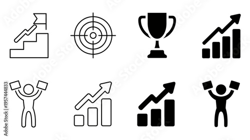 A comprehensive set of eight black icons illustrating various concepts of triumph and progress.